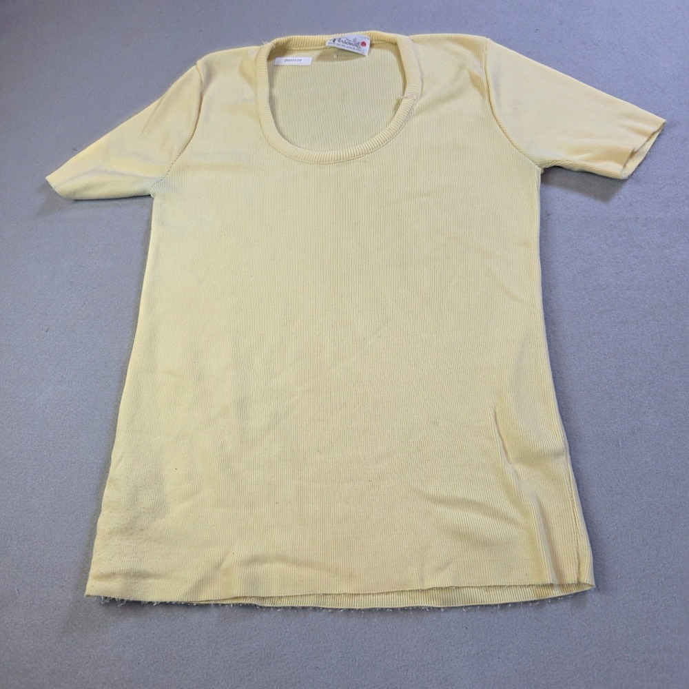 Vintage Personal Leslie Fay Ribbed Scoop Neck Top Yellow Distressed 70s 80s